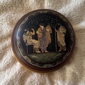 Decorative Round Ceramic with Classical Greek Motif - Black, Gold, Green